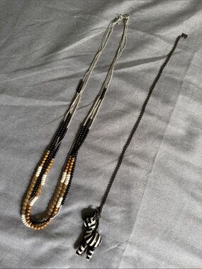 2 Necklaces: Beaded Multi-Strand Necklace in Black, White & Tan